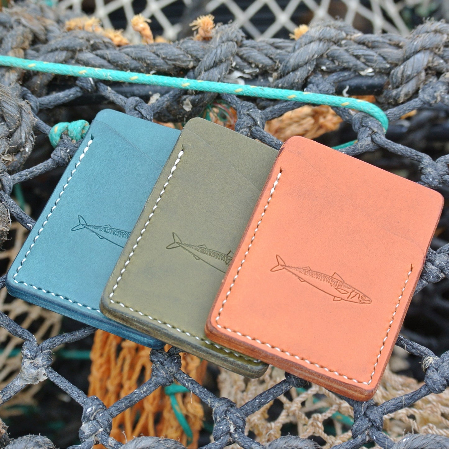 Leather Card Wallet - Tan Mackerel Design