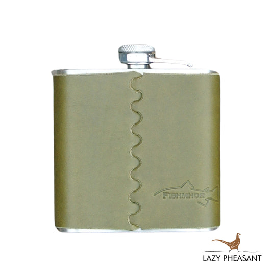 Leather Bound Hip Flask - Olive Mackerel Design