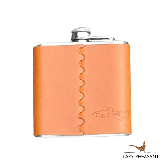 Leather Bound Hip Flask - Tan Mackerel Design