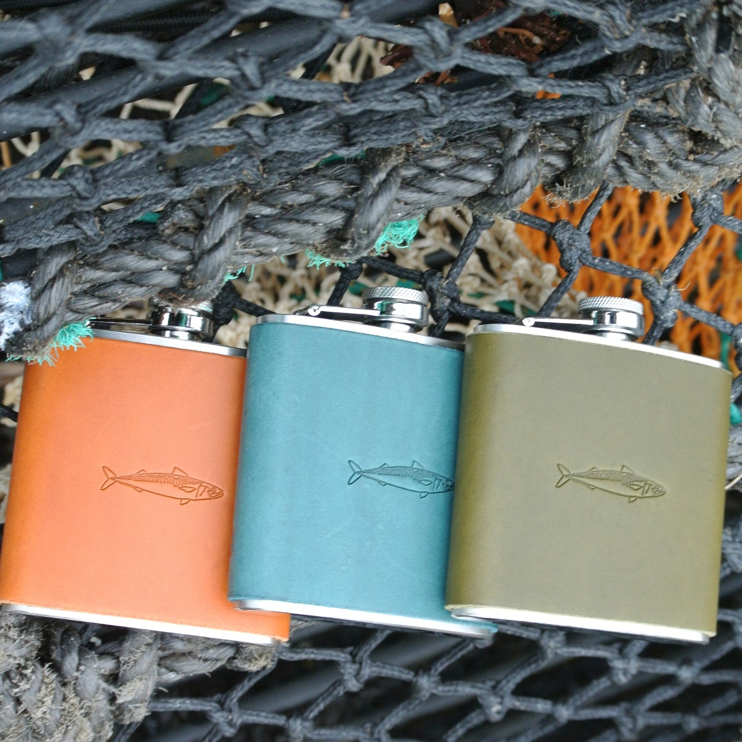 Leather Bound Hip Flask - Tan Mackerel Design
