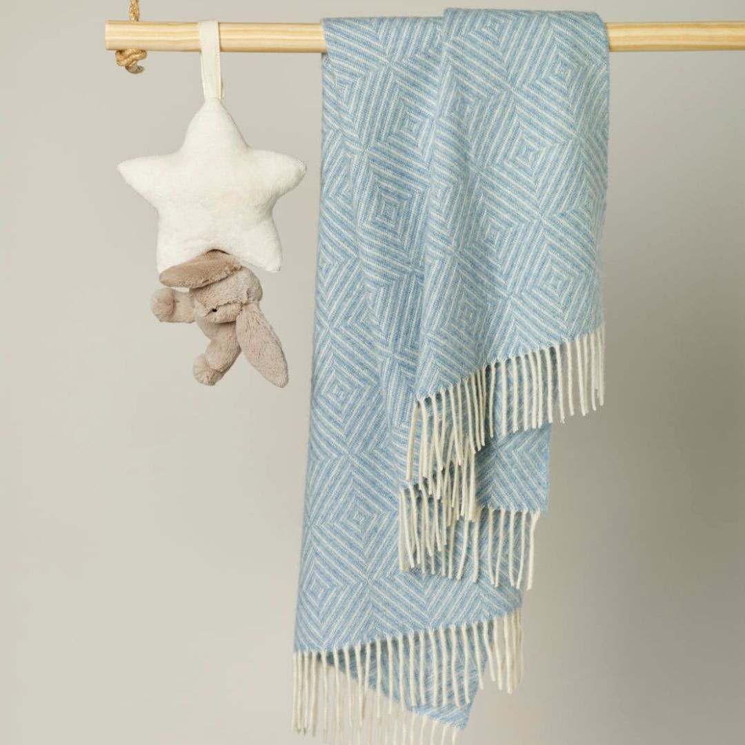 Baby Blanket Merino Wool - Diamond Pattern Blue