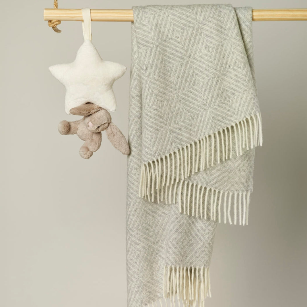 Baby Blanket Merino Wool - Diamond Pattern Grey