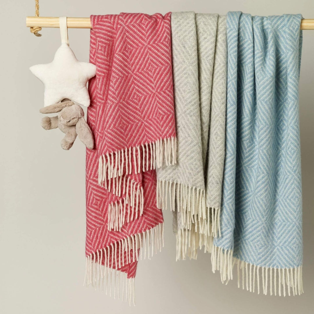 Baby Blanket Merino Wool - Diamond Pattern Blue