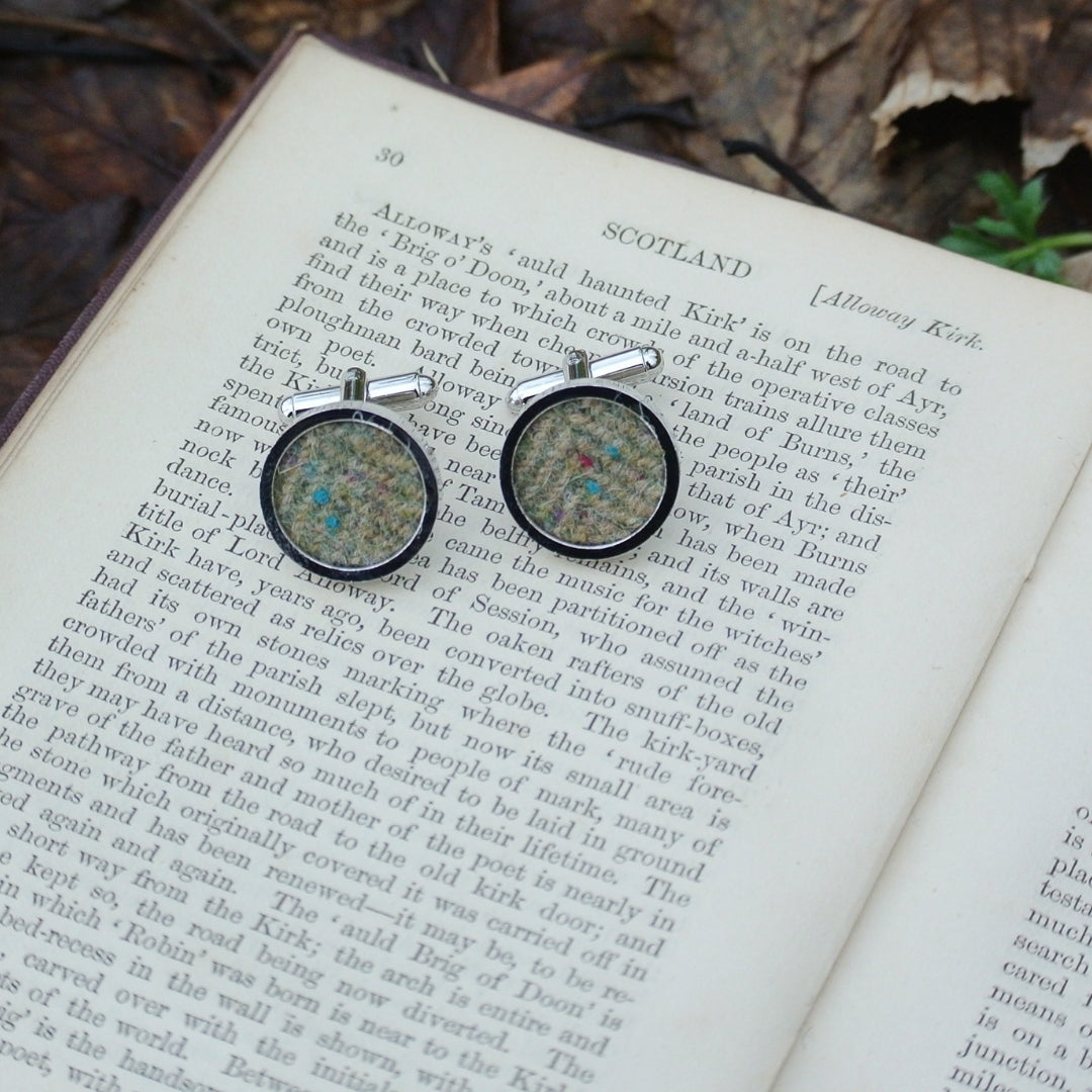Wool Cufflinks - Green Tweed - Round