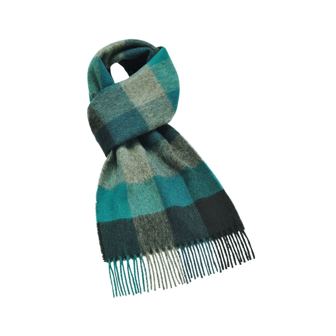 Merino Wool Scarf - Teal Check