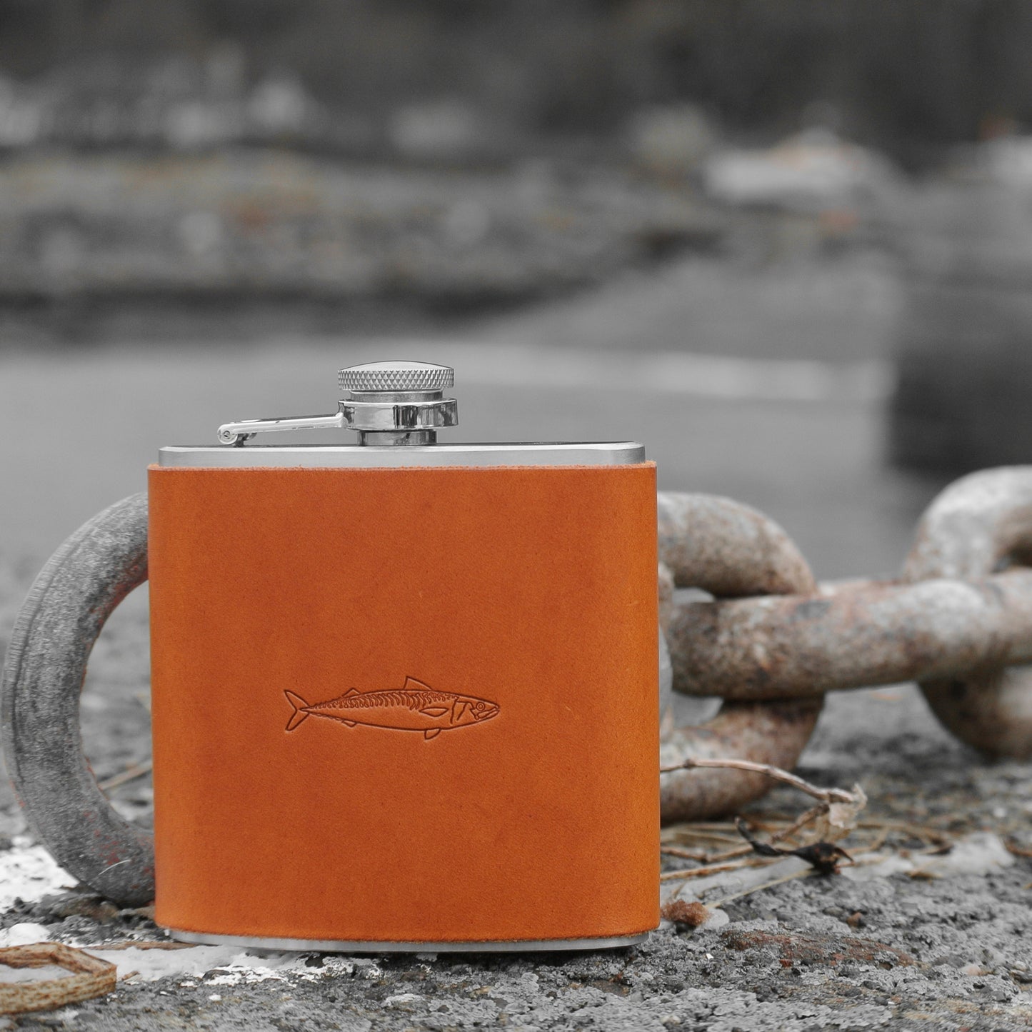 Leather Bound Hip Flask - Tan Mackerel Design
