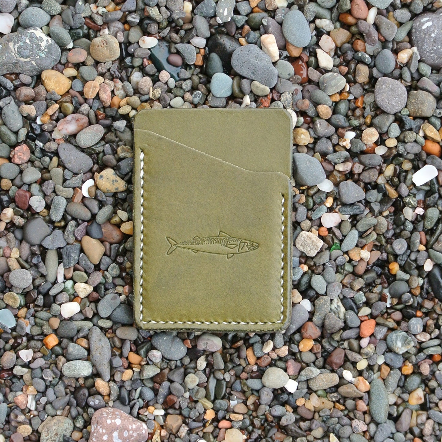 Leather Card Wallet - Olive Green Mackerel Design