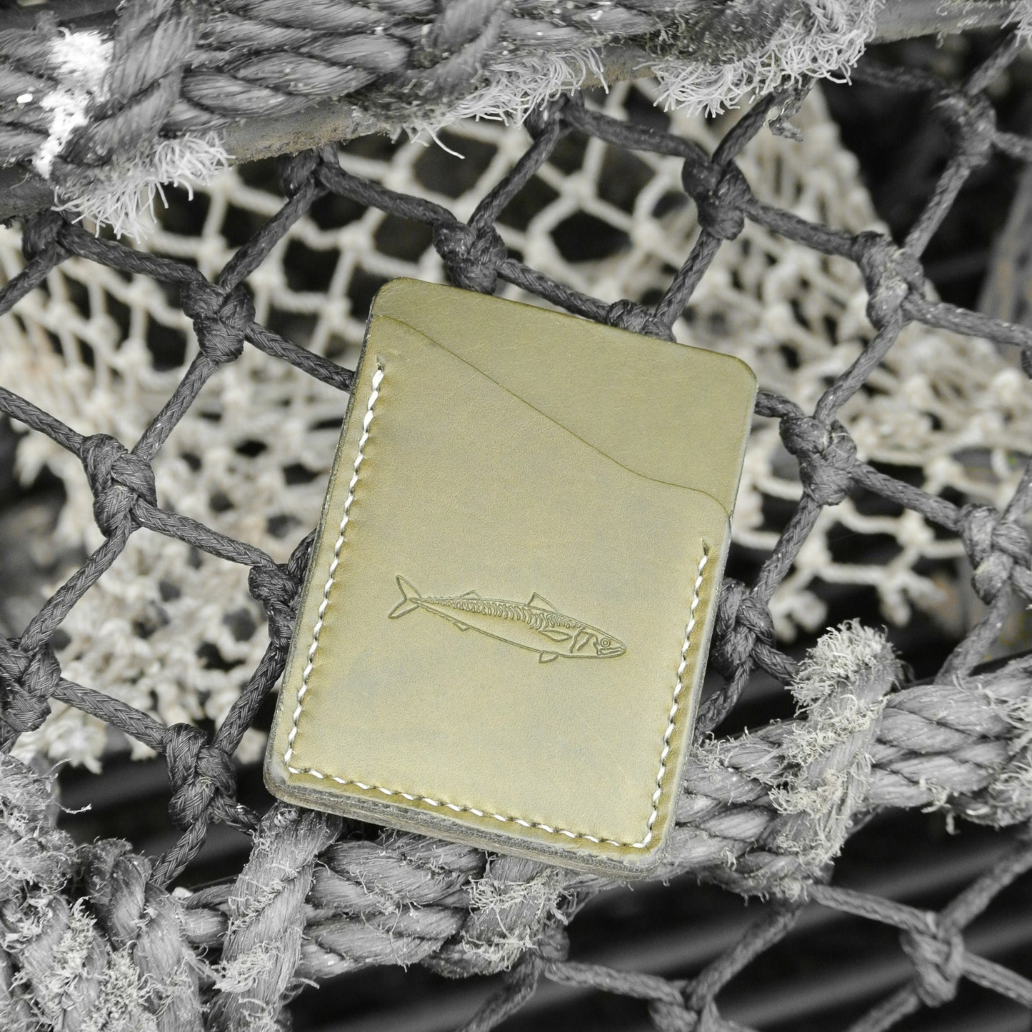 Leather Card Wallet - Olive Green Mackerel Design