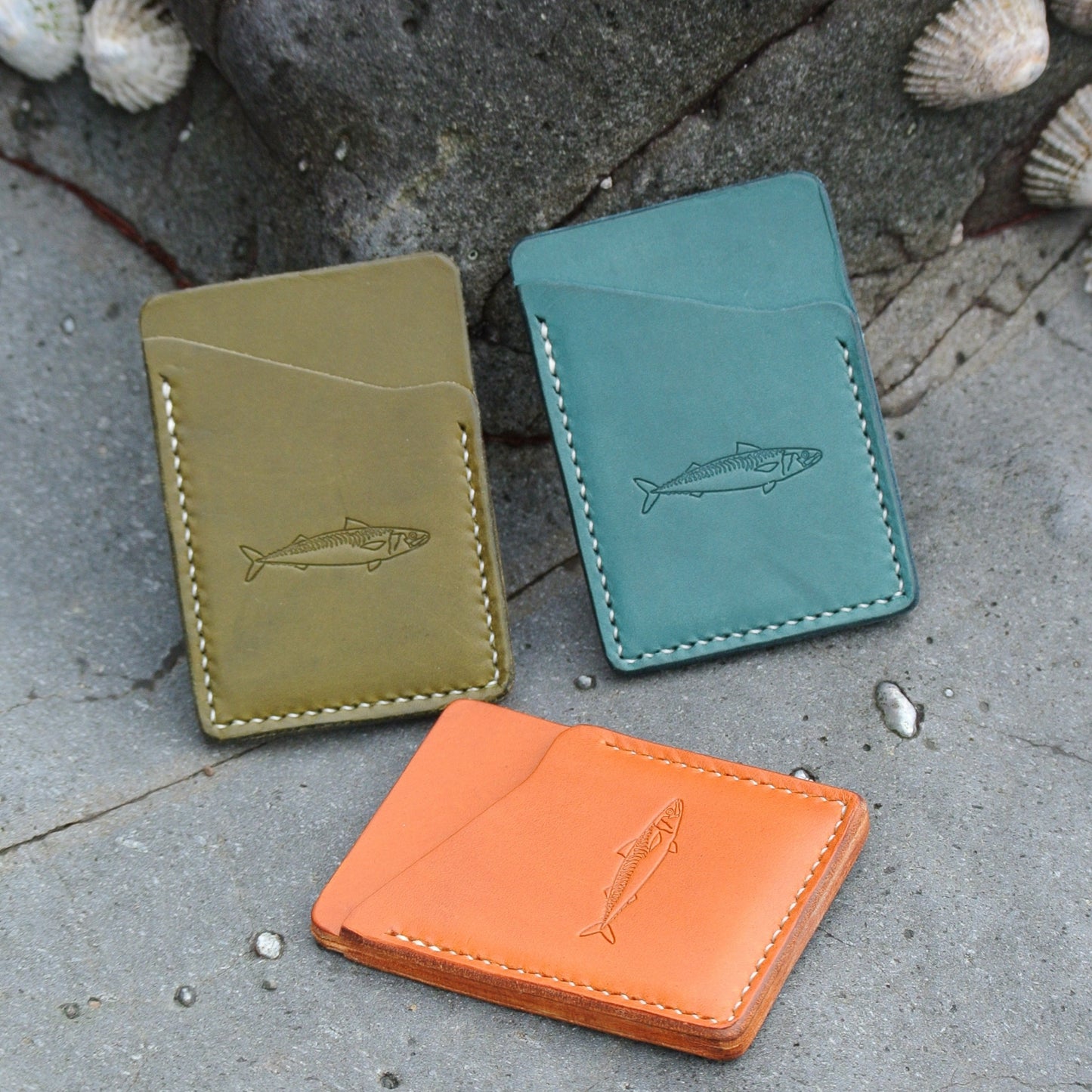 Leather Card Wallet - Olive Green Mackerel Design