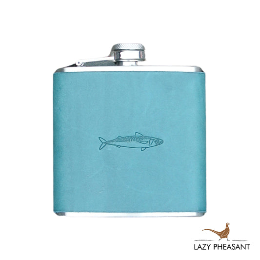 Leather Bound Hip Flask - Blue Mackerel Design