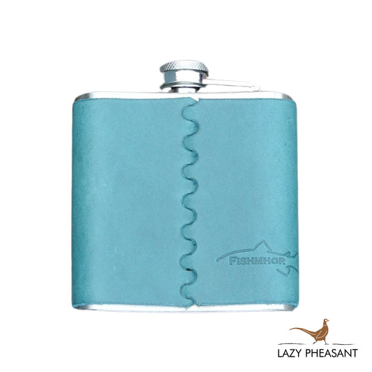 Leather Bound Hip Flask - Blue Mackerel Design