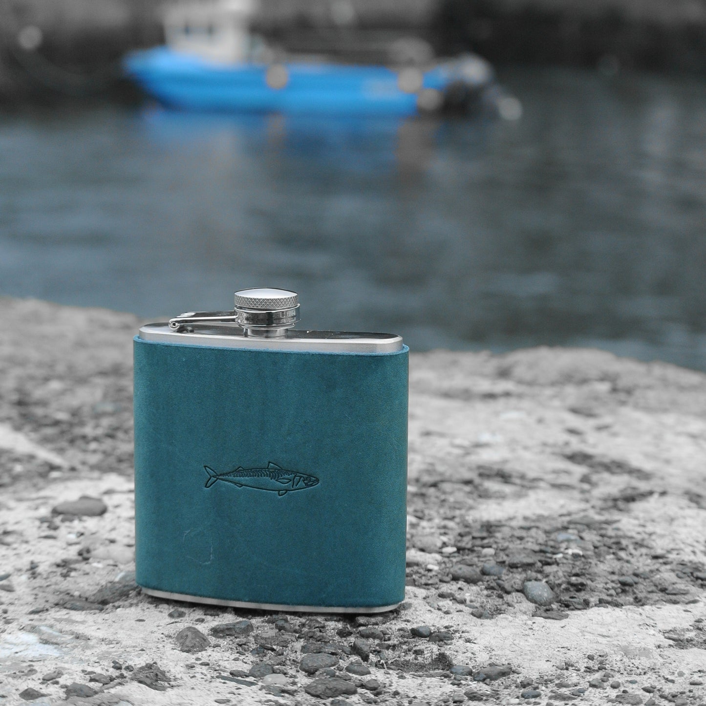 Leather Bound Hip Flask - Blue Mackerel Design