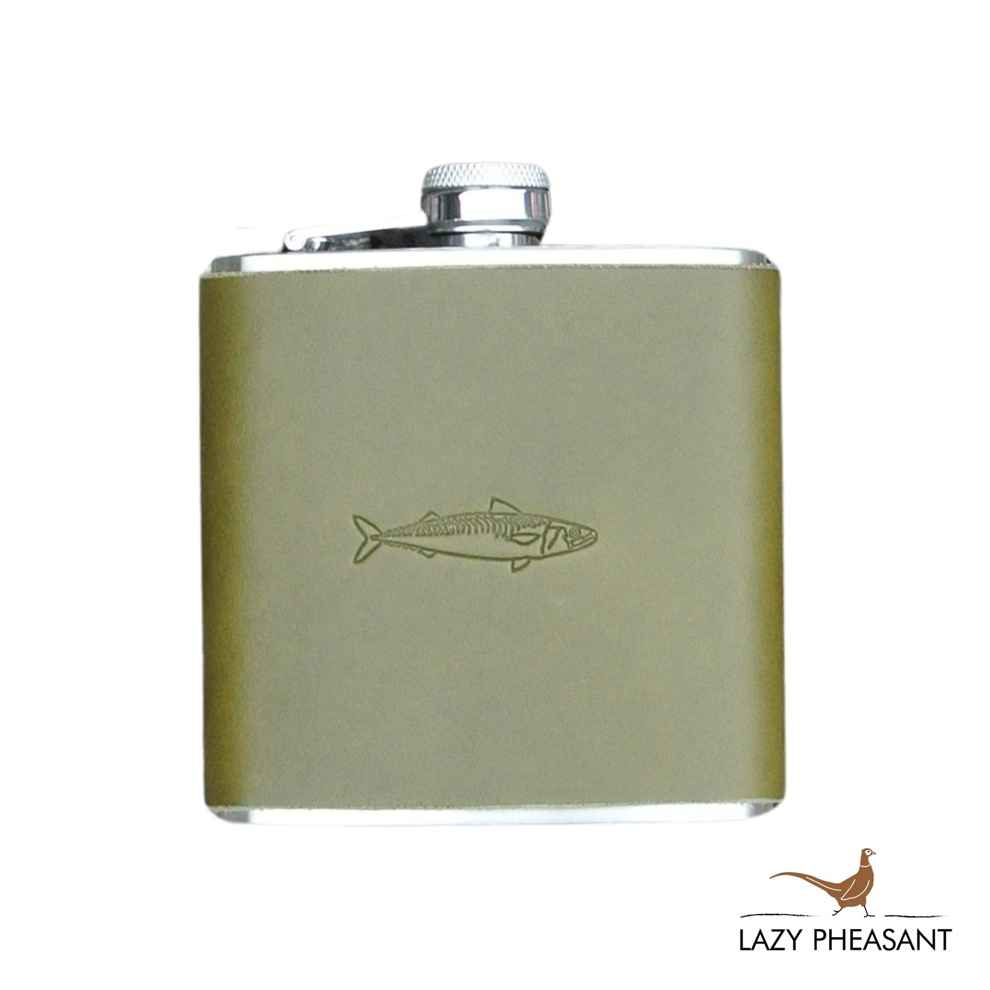 Leather Bound Hip Flask - Olive Mackerel Design