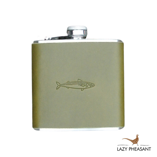 Leather Bound Hip Flask - Olive Mackerel Design