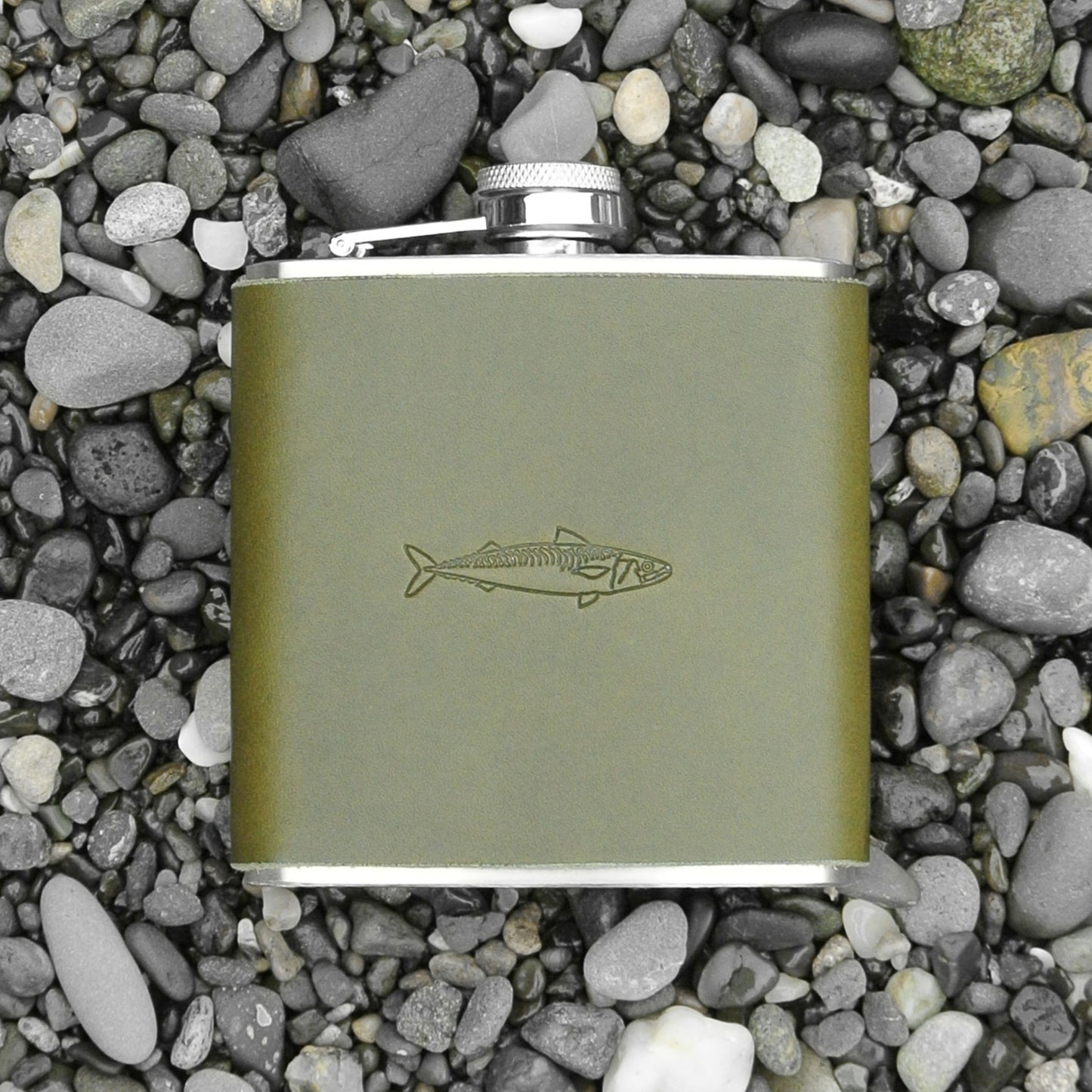 Leather Bound Hip Flask - Olive Mackerel Design