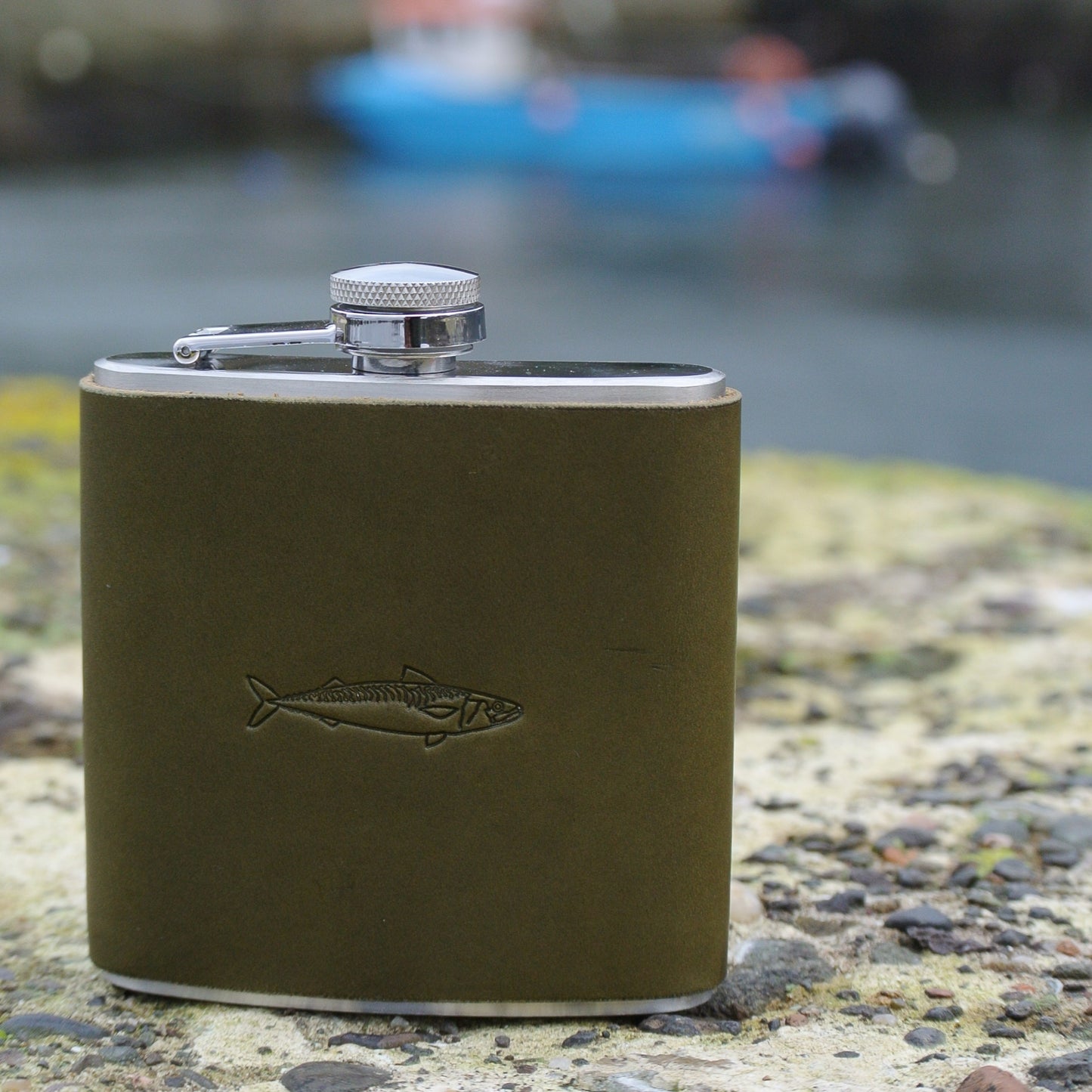 Leather Bound Hip Flask - Olive Mackerel Design