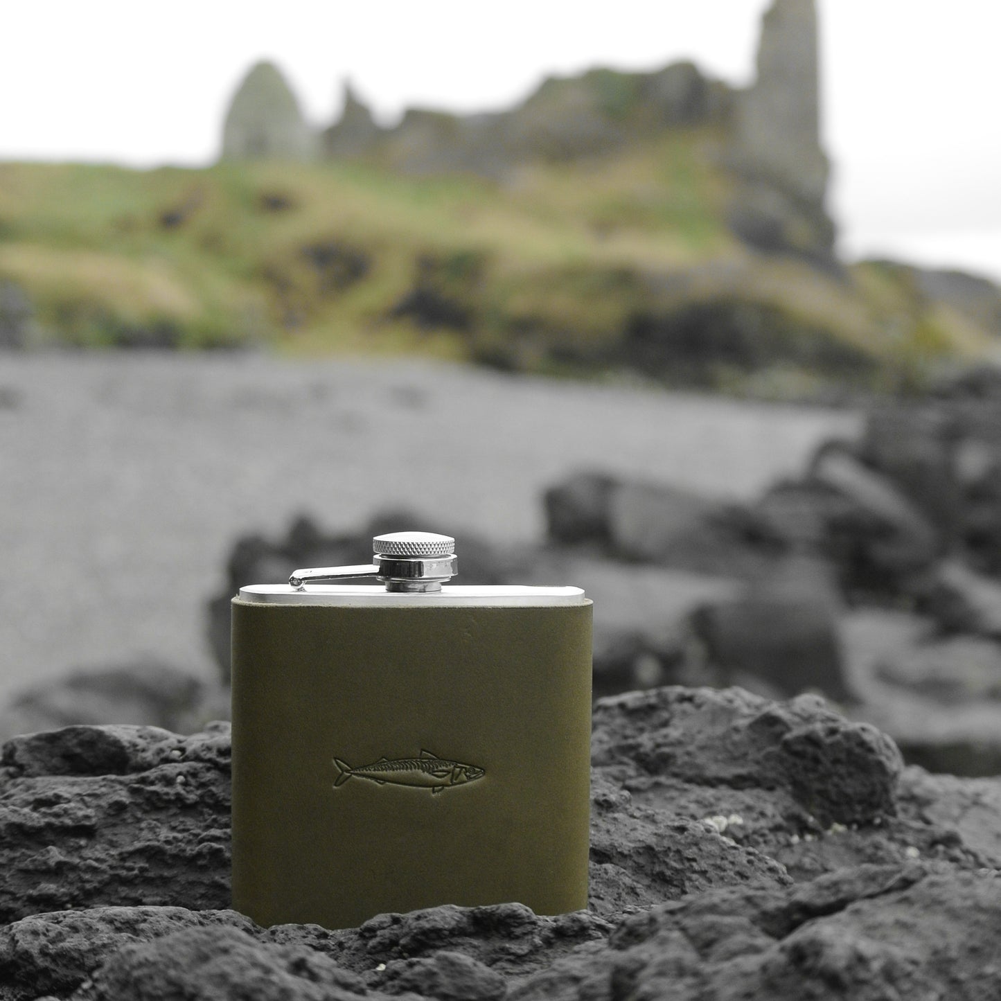 Leather Bound Hip Flask - Olive Mackerel Design