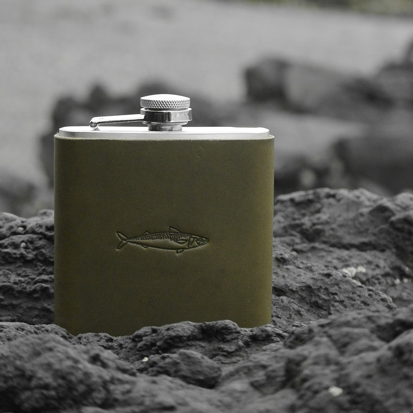 Leather Bound Hip Flask - Olive Mackerel Design