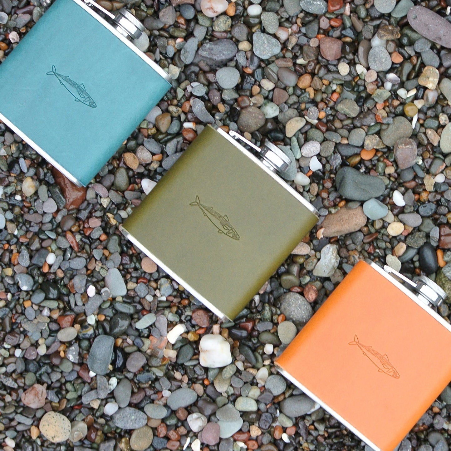 Leather Bound Hip Flask - Olive Mackerel Design