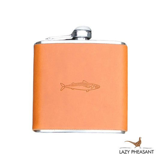 Leather Bound Hip Flask - Tan Mackerel Design
