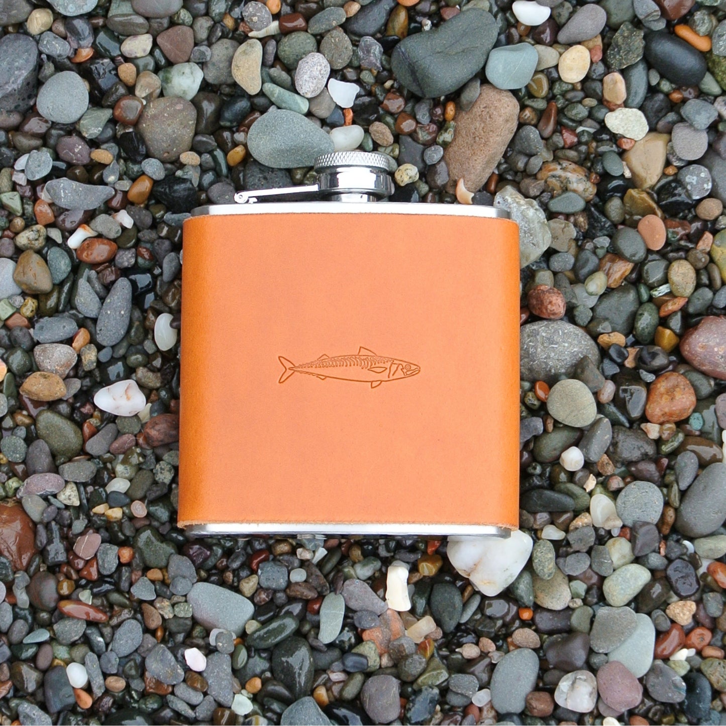 Leather Bound Hip Flask - Tan Mackerel Design