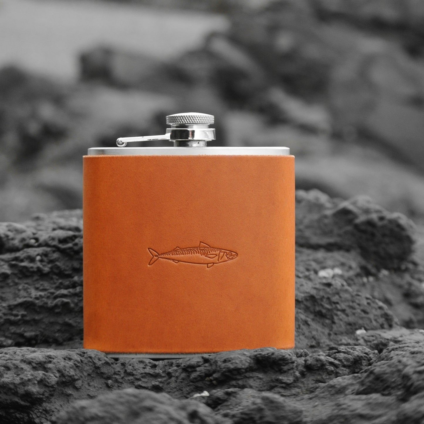 Leather Bound Hip Flask - Tan Mackerel Design