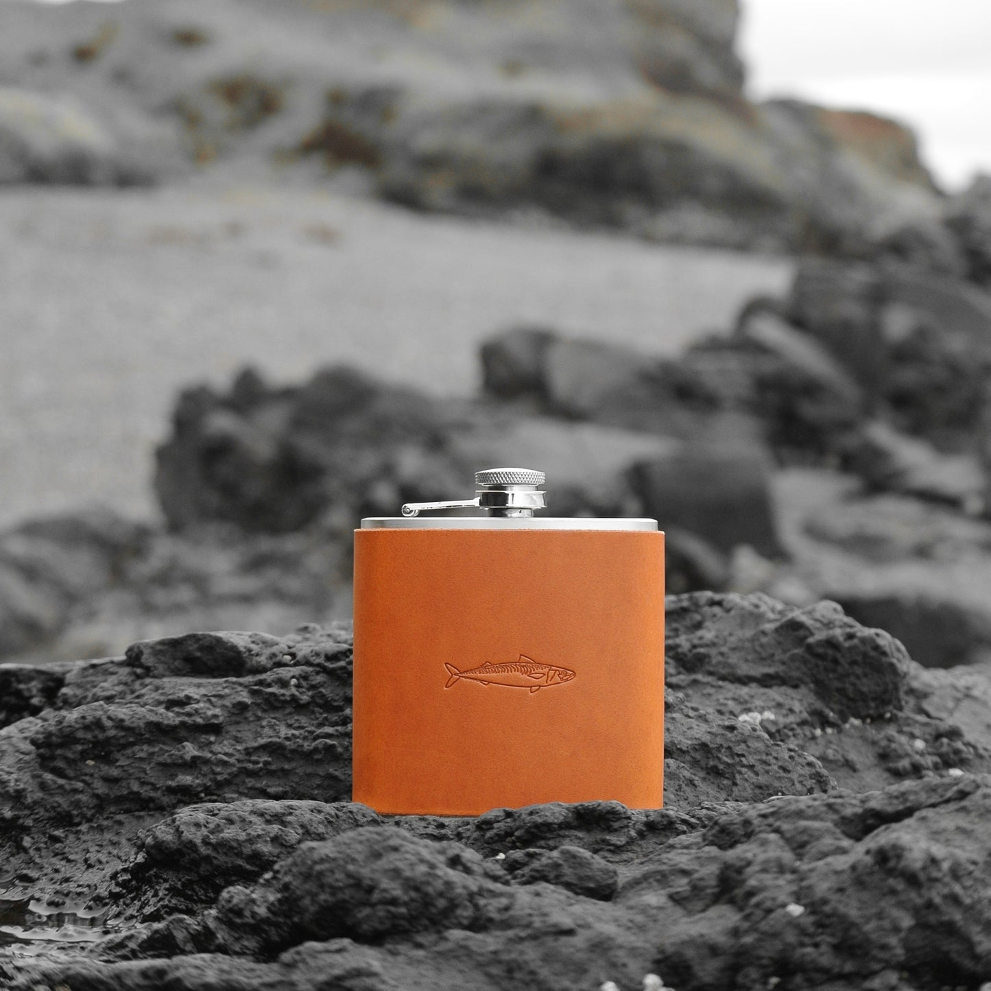 Leather Bound Hip Flask - Tan Mackerel Design