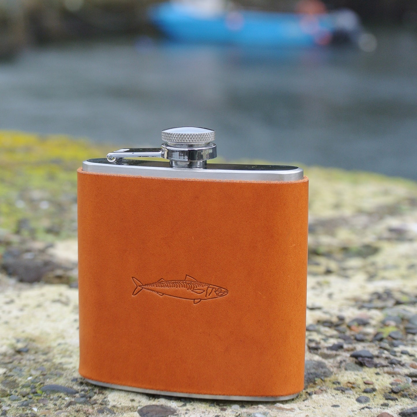 Leather Bound Hip Flask - Tan Mackerel Design