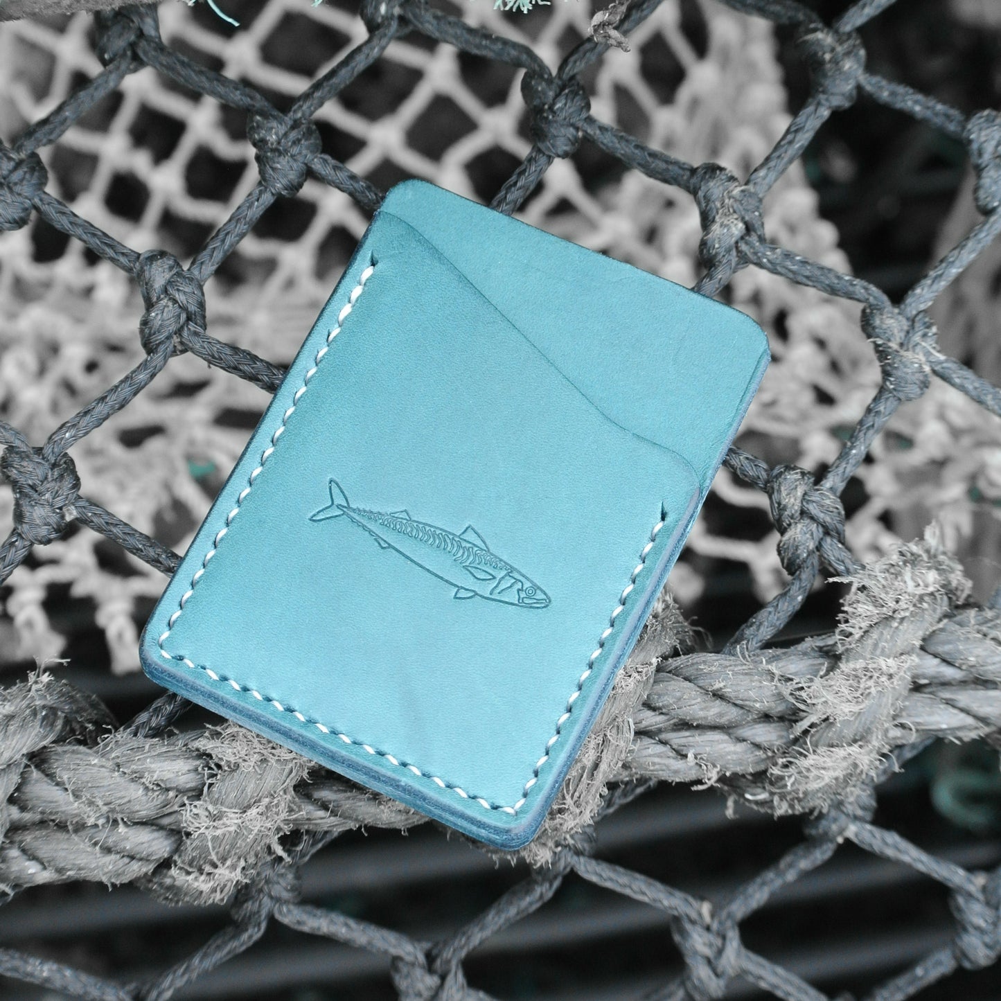 Leather Card Wallet - Blue Mackerel Design
