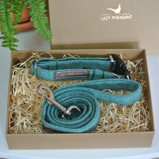Tweed Dog Collar and Lead Gift Set - Turquoise