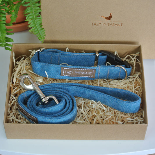 Tweed Dog Collar and Lead Gift Set - Sky Blue