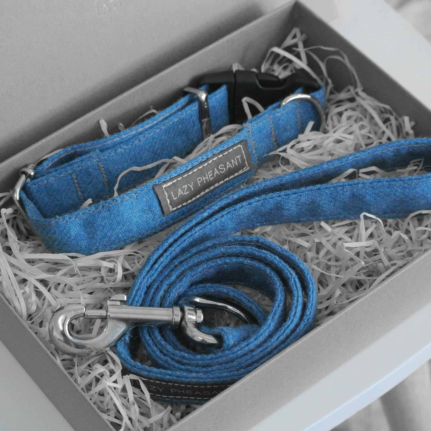 Tweed Dog Collar and Lead Gift Set - Sky Blue