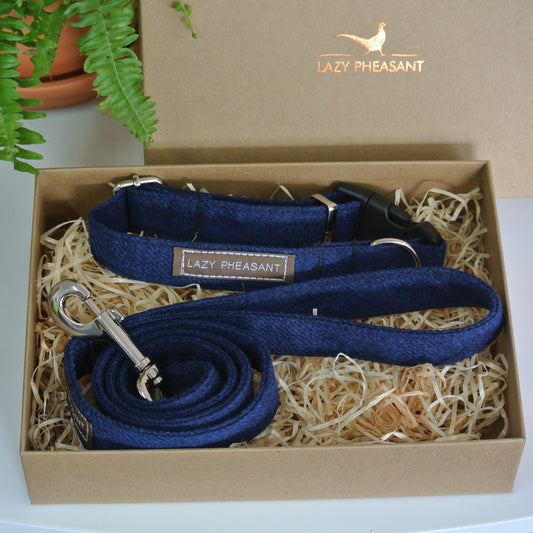 Tweed Dog Collar and Lead Gift Set - Midnight Blue