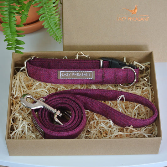 Tweed Dog Collar and Lead Gift Set - Raspberry