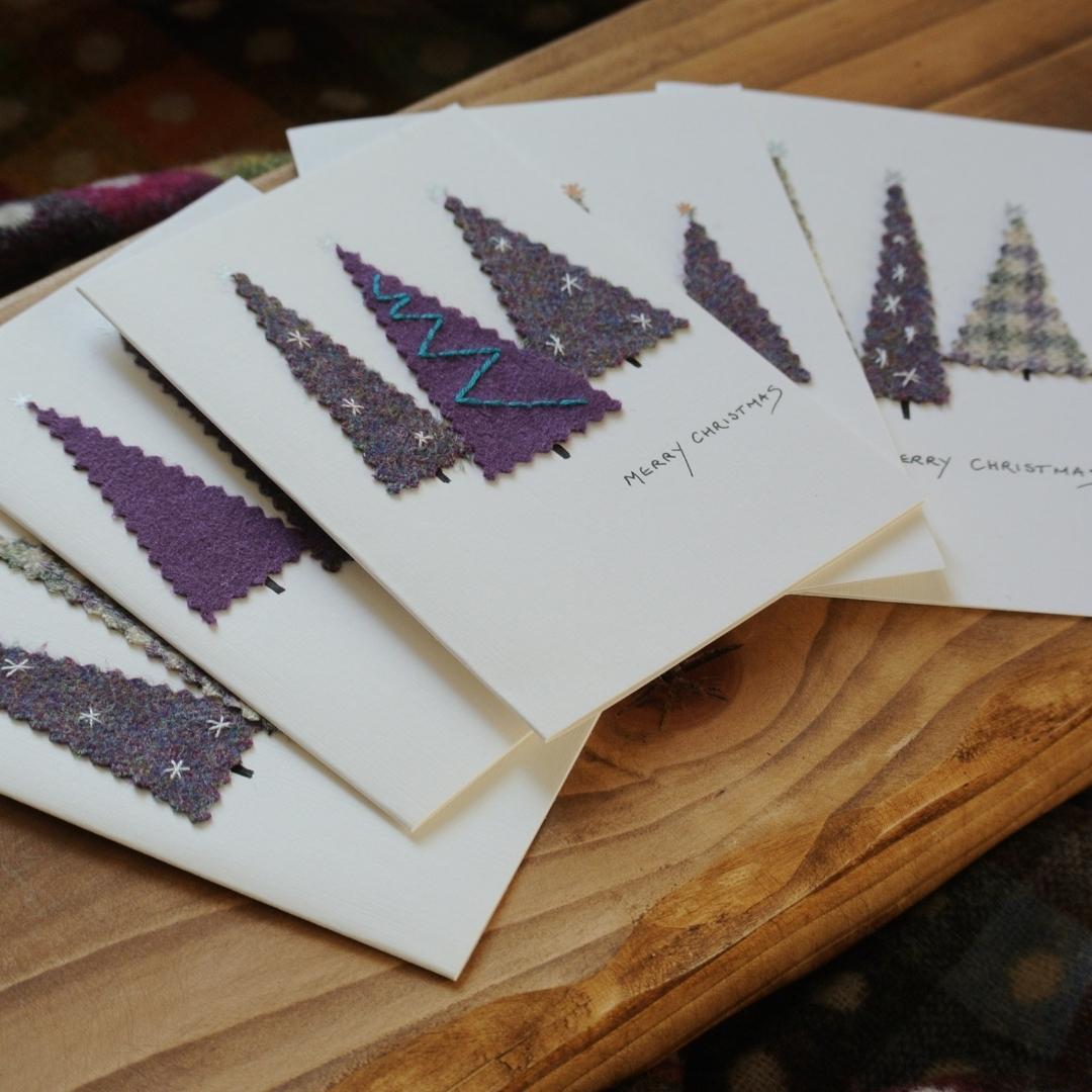 Handmade Christmas Cards - Purple Tweed Trees