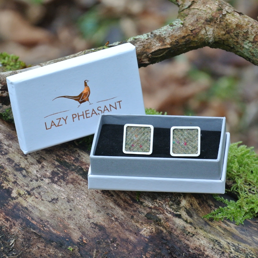 Wool Cufflinks - Green Tweed - Square