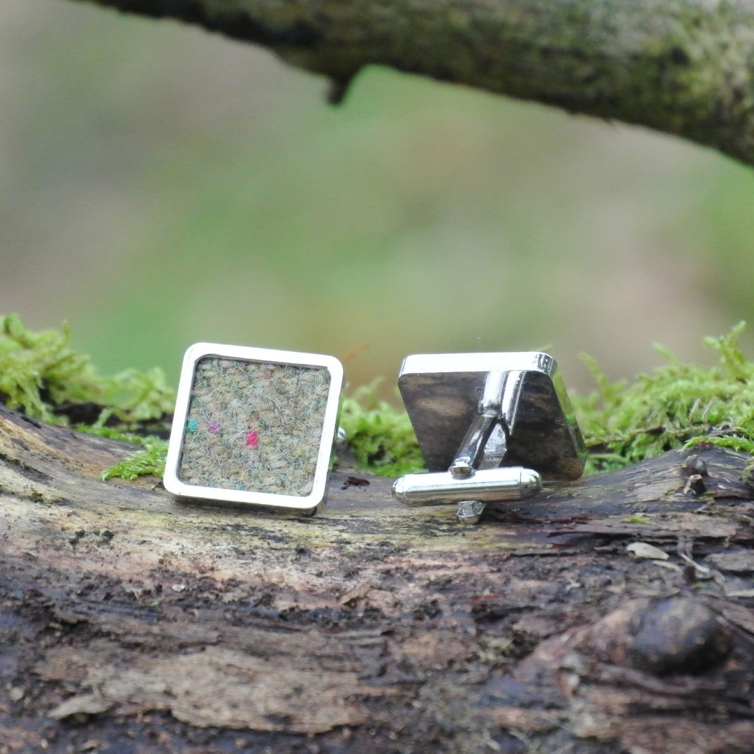 Wool Cufflinks - Green Tweed - Square